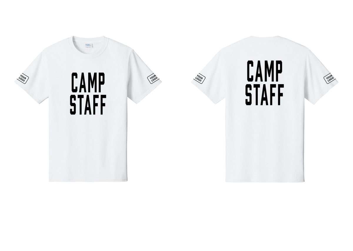 NYC Factory Unisex Custom Logo Camp Staff T-Shirt - Front + Back + Your Logo Sleeves - White