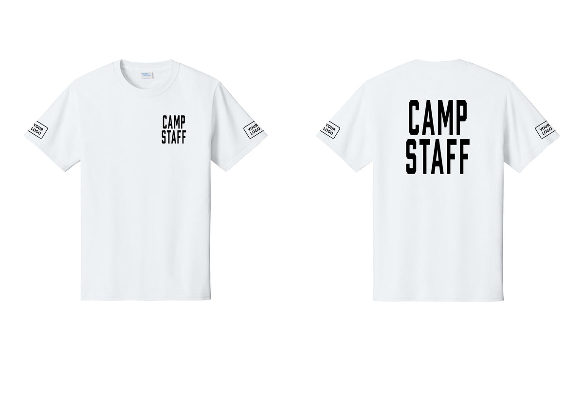 NYC Factory Unisex Custom Logo Camp Staff T-Shirt - Chest + Back + Your Logo Sleeves - White