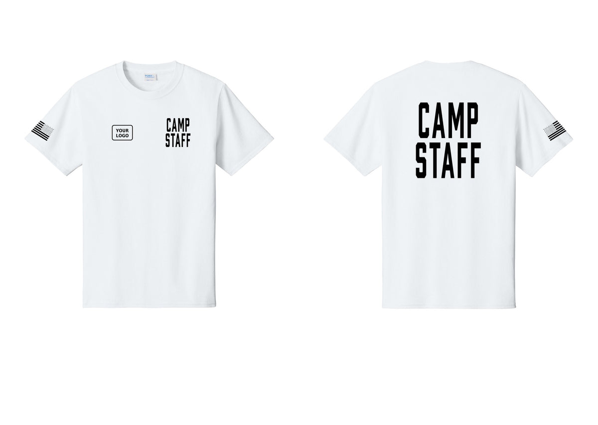 NYC Factory Unisex Custom Logo Camp Staff T-Shirt - CAMP STAFF + Your Logo + Back + US Flag Sleeve - White