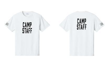 NYC Factory Custom Logo Camp Staff T-Shirt, Condensed Lettering - Front + Back + Your Logo Sleeve - White