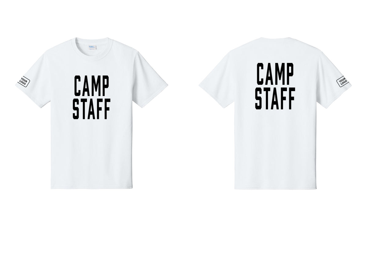 NYC Factory Unisex Custom Logo Camp Staff T-Shirt - Front + Back + Your Logo Sleeve - White