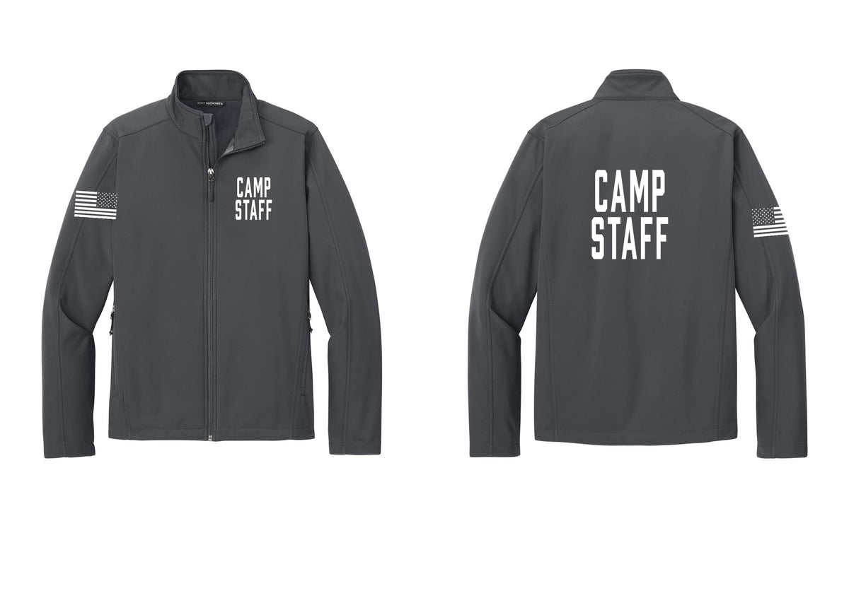 NYC Factory Camp Staff Soft Shell Jacket (Classic) - Chest + Back + US Flag Sleeve - Battleship Grey