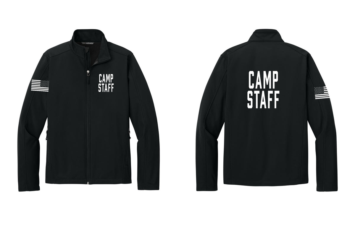 NYC Factory Camp Staff Soft Shell Jacket (Classic) - Chest + Back + US Flag Sleeve - Black