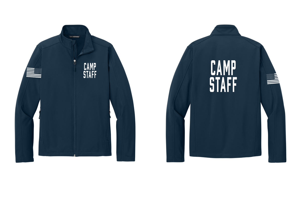 NYC Factory Camp Staff Soft Shell Jacket (Classic) - Chest + Back + US Flag Sleeve - Dress Blue Navy
