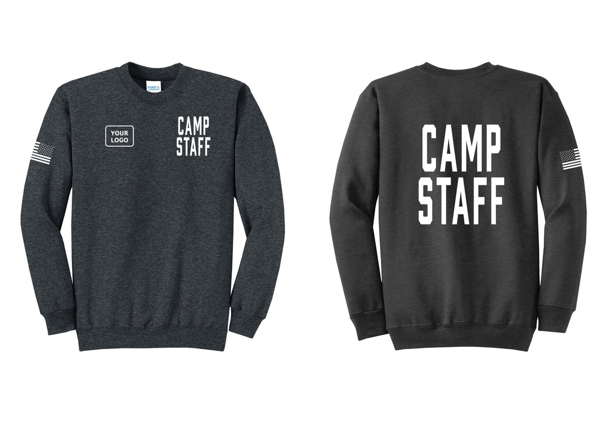 NYC Factory Custom Logo Camp Staff Cotton Fleece Crewneck Sweatshirt (Classic) - CAMP STAFF + Your Logo + Back + US Flag Sleeve - Dark Heather Grey