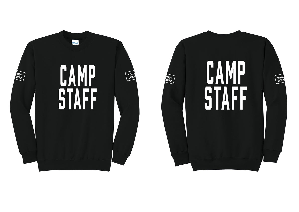NYC Factory Custom Logo Camp Staff Cotton Fleece Crewneck Sweatshirt (Classic) - Front + Back + Your Logo Sleeves - Black