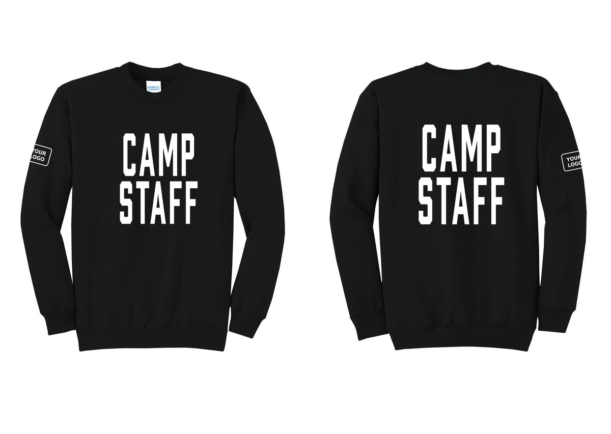 NYC Factory Custom Logo Camp Staff Cotton Fleece Crewneck Sweatshirt (Classic) - Front + Back + Your Logo Sleeve - Black