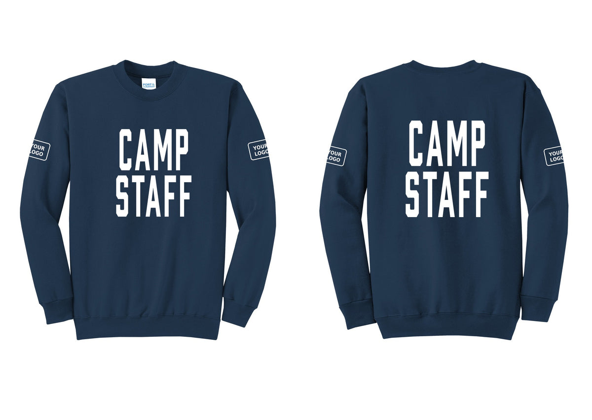 NYC Factory Custom Logo Camp Staff Cotton Fleece Crewneck Sweatshirt (Classic) - Front + Back + Your Logo Sleeves - Navy