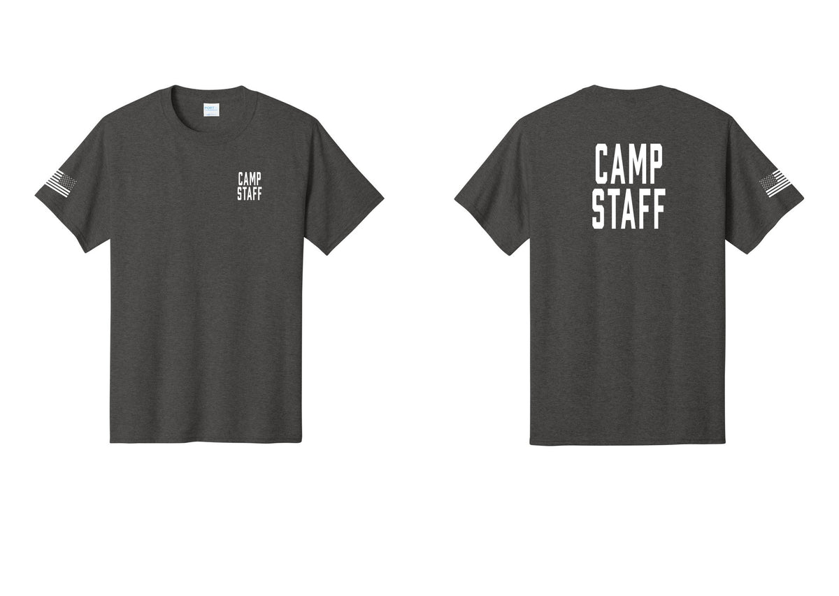 NYC Factory Camp Staff T-Shirt, Condensed Lettering - Chest + Back + US Flag Sleeve - Dark Heather Grey