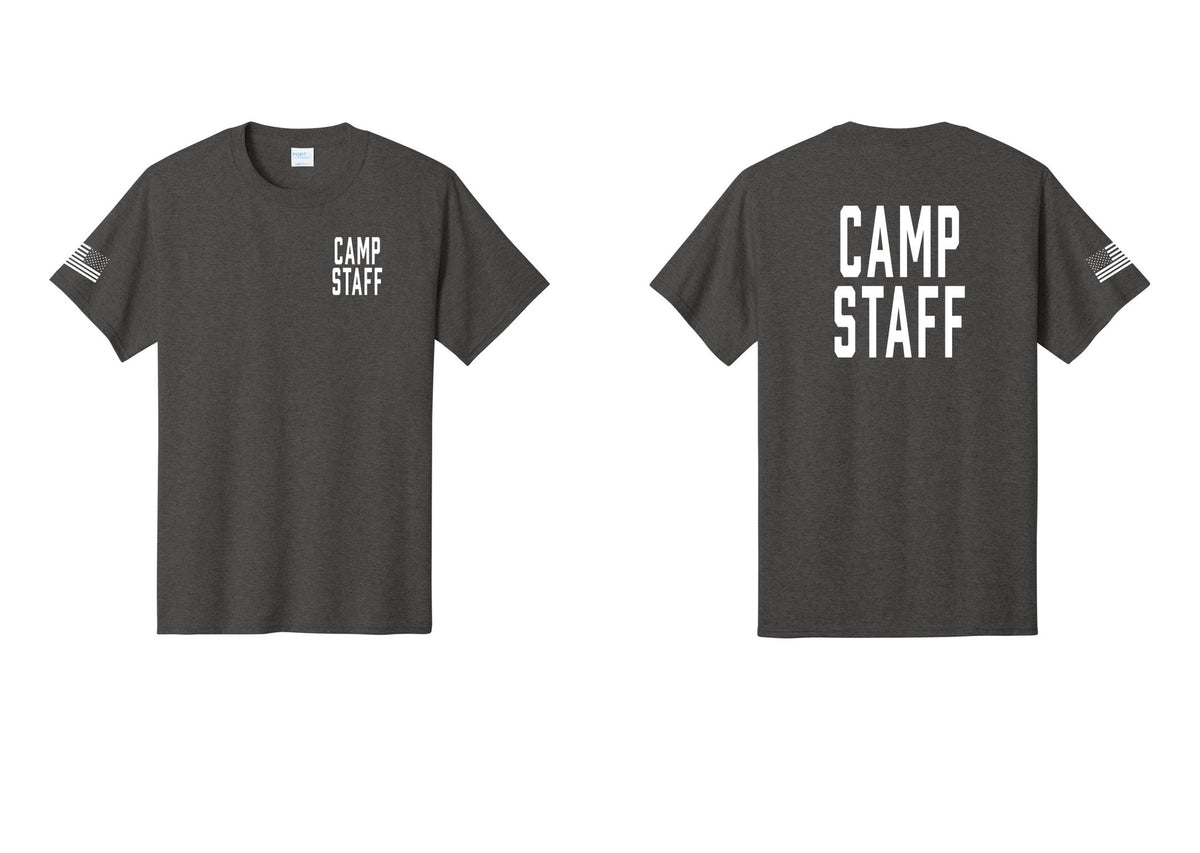 NYC Factory Unisex Camp Staff Classic T-Shirt - Chest + Back + US Flag Sleeve - Dark Heather Grey