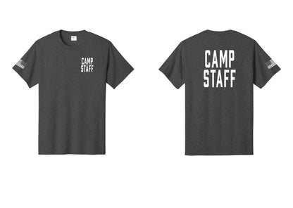 NYC Factory Unisex Camp Staff Classic T-Shirt - Chest + Back + US Flag Sleeve - Dark Heather Grey