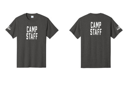 NYC Factory Camp Staff T-Shirt, Condensed Lettering - Front + Back + US Flag Sleeve - Dark Heather Grey