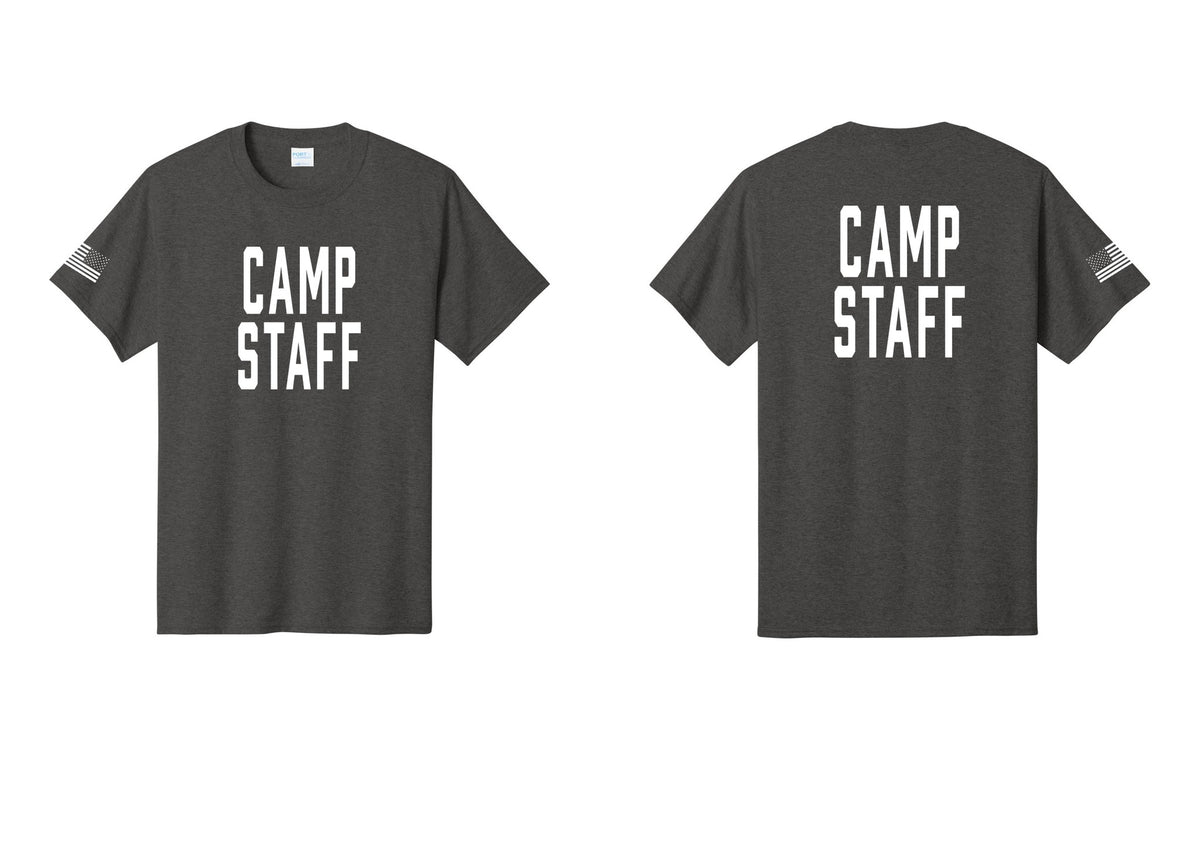 NYC Factory Unisex Camp Staff Classic T-Shirt - Front + Back + US Flag Sleeve - Dark Heather Grey