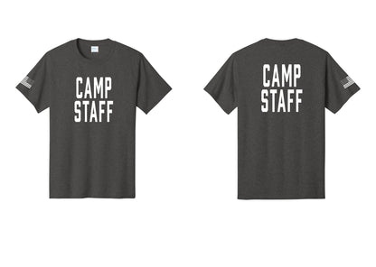 NYC Factory Unisex Camp Staff Classic T-Shirt - Front + Back + US Flag Sleeve - Dark Heather Grey