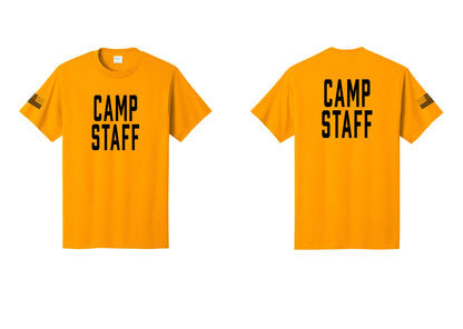 NYC Factory Unisex Camp Staff Classic T-Shirt - Front + Back + US Flag Sleeve - Gold