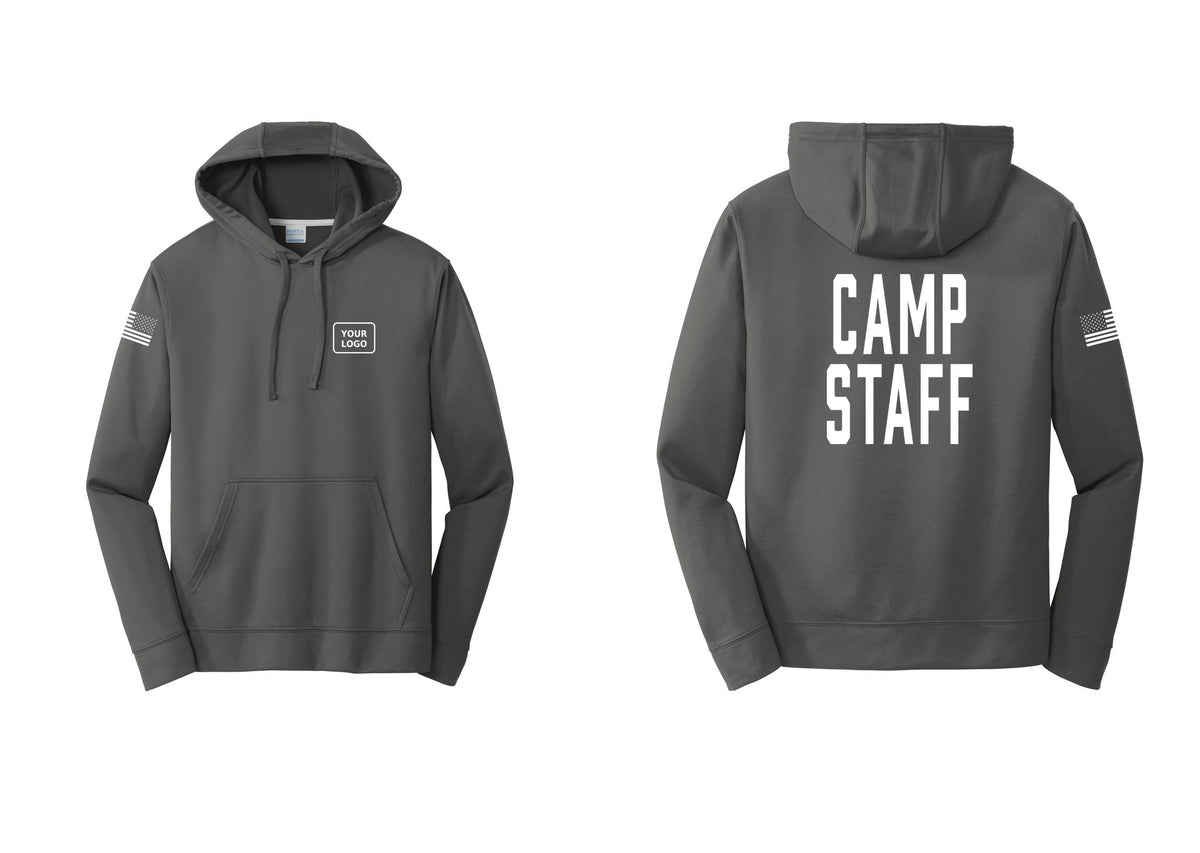 NYC Factory Custom Logo Camp Staff Performance Hooded Fleece Pullover Sweatshirt (Classic) - Your Logo + Back + US Flag Sleeve - Charcoal