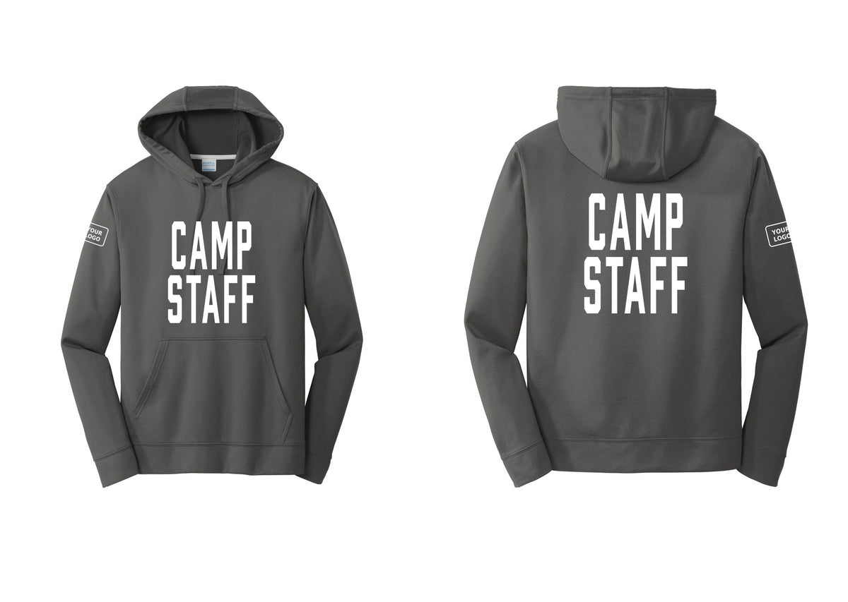 NYC Factory Custom Logo Camp Staff Performance Hooded Fleece Pullover Sweatshirt (Classic) - Front + Back + Your Logo Sleeve - Charcoal