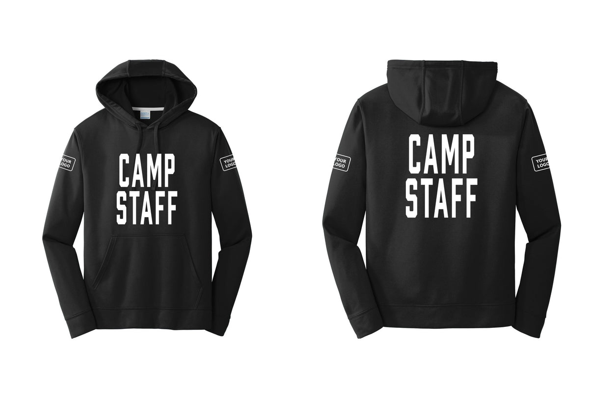 NYC Factory Custom Logo Camp Staff Performance Hooded Fleece Pullover Sweatshirt (Classic) - Front + Back + Your Logo Sleeves - Black
