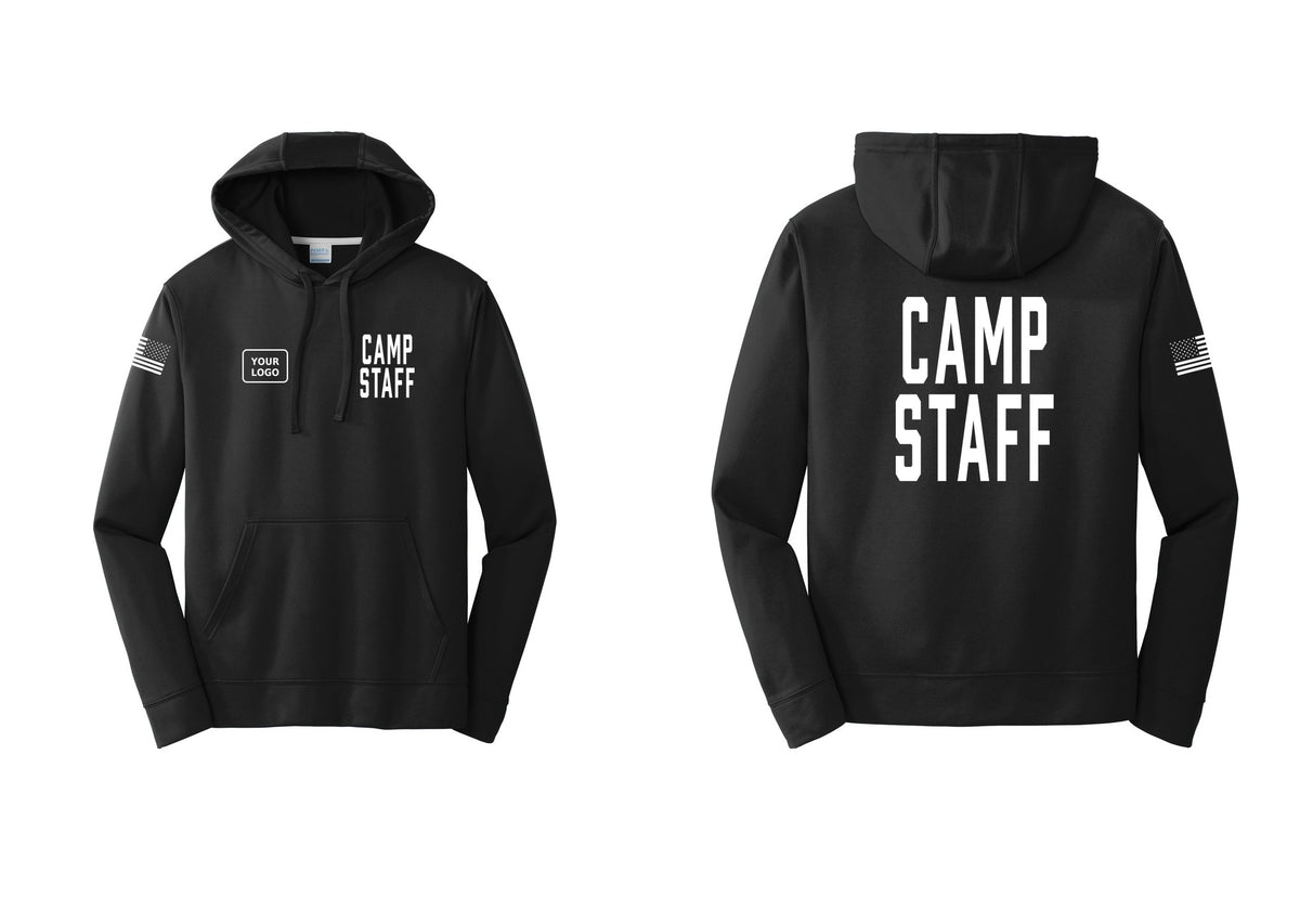 NYC Factory Custom Logo Camp Staff Performance Hooded Fleece Pullover Sweatshirt (Classic) - CAMP STAFF + Your Logo + Back + US Flag Sleeve - Black