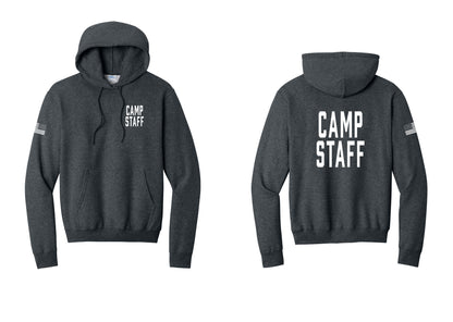 NYC Factory Camp Staff Cotton Fleece Pullover Hoodie (Classic) - Chest + Back + US Flag Sleeve - Dark Heather Grey