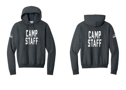 NYC Factory Camp Staff Cotton Fleece Pullover Hoodie (Classic) - Front + Back + US Flag Sleeve - Dark Heather Grey