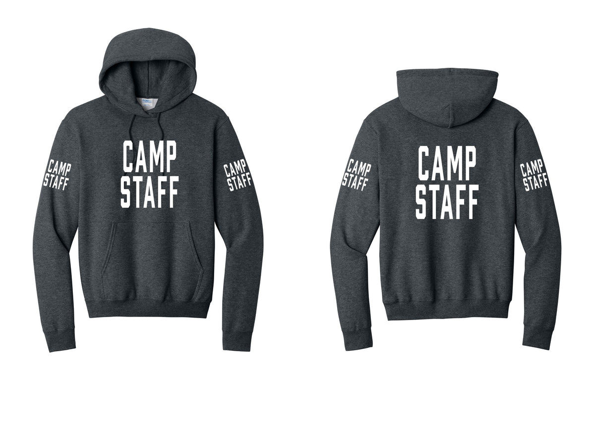 NYC Factory Camp Staff Cotton Fleece Pullover Hoodie (Classic) - Front + Back + Camp Staff Sleeves - Dark Heather Grey