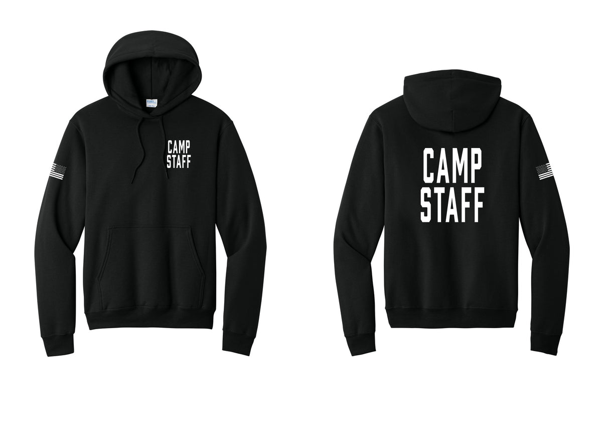 NYC Factory Camp Staff Cotton Fleece Pullover Hoodie (Classic) - Chest + Back + US Flag Sleeve - Black