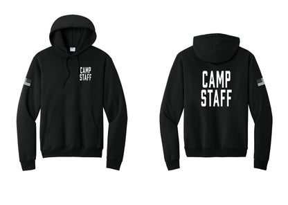 NYC Factory Camp Staff Cotton Fleece Pullover Hoodie (Classic) - Chest + Back + US Flag Sleeve - Black
