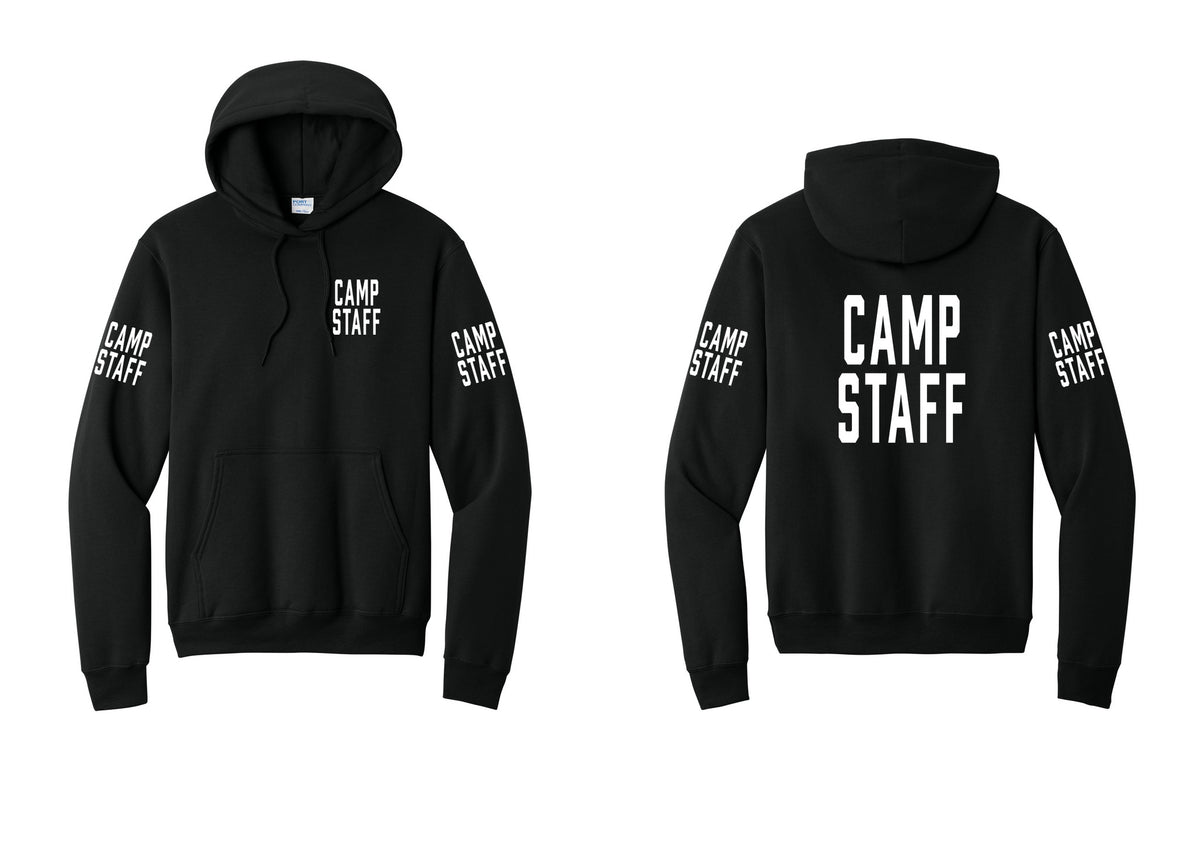 NYC Factory Camp Staff Cotton Fleece Pullover Hoodie (Classic) - Chest + Back + Camp Staff Sleeves - Black