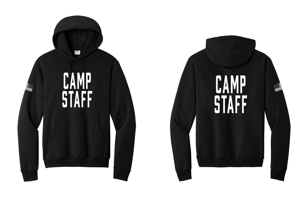 NYC Factory Camp Staff Cotton Fleece Pullover Hoodie (Classic) - Front + Back + US Flag Sleeve - Black