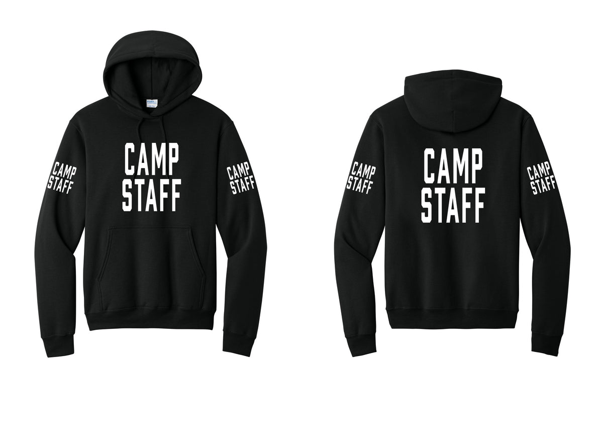 NYC Factory Camp Staff Cotton Fleece Pullover Hoodie (Classic) - Front + Back + Camp Staff Sleeves - Black