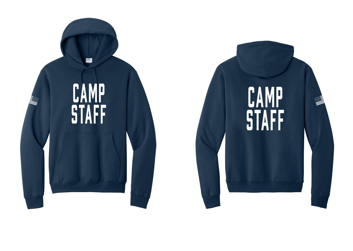 NYC Factory Camp Staff Cotton Fleece Pullover Hoodie (Classic) - Front + Back + US Flag Sleeve - Navy