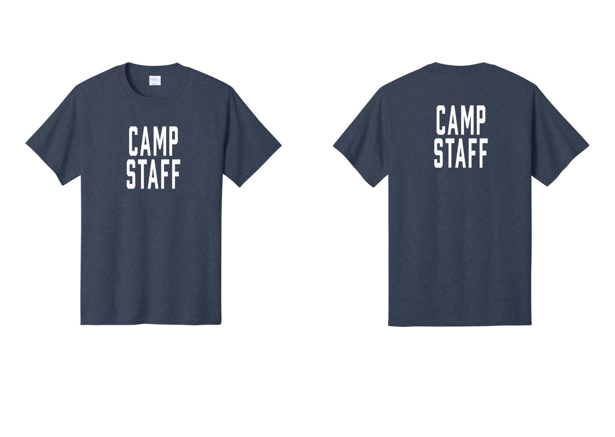 NYC Factory Camp Staff T-Shirt, Condensed Lettering - Front + Back - Heather Navy