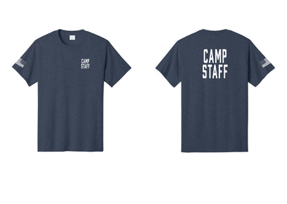 NYC Factory Camp Staff T-Shirt, Condensed Lettering - Chest + Back + US Flag Sleeve - Heather Navy