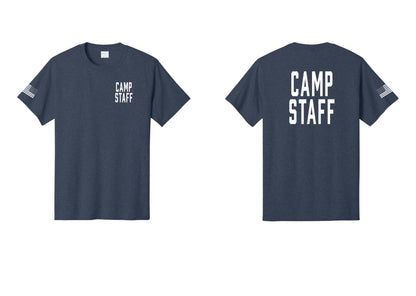 NYC Factory Unisex Camp Staff Classic T-Shirt - Chest + Back + US Flag Sleeve - Heather Navy