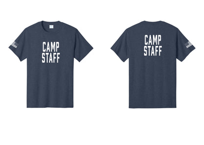 NYC Factory Camp Staff T-Shirt, Condensed Lettering - Front + Back + US Flag Sleeve - Heather Navy