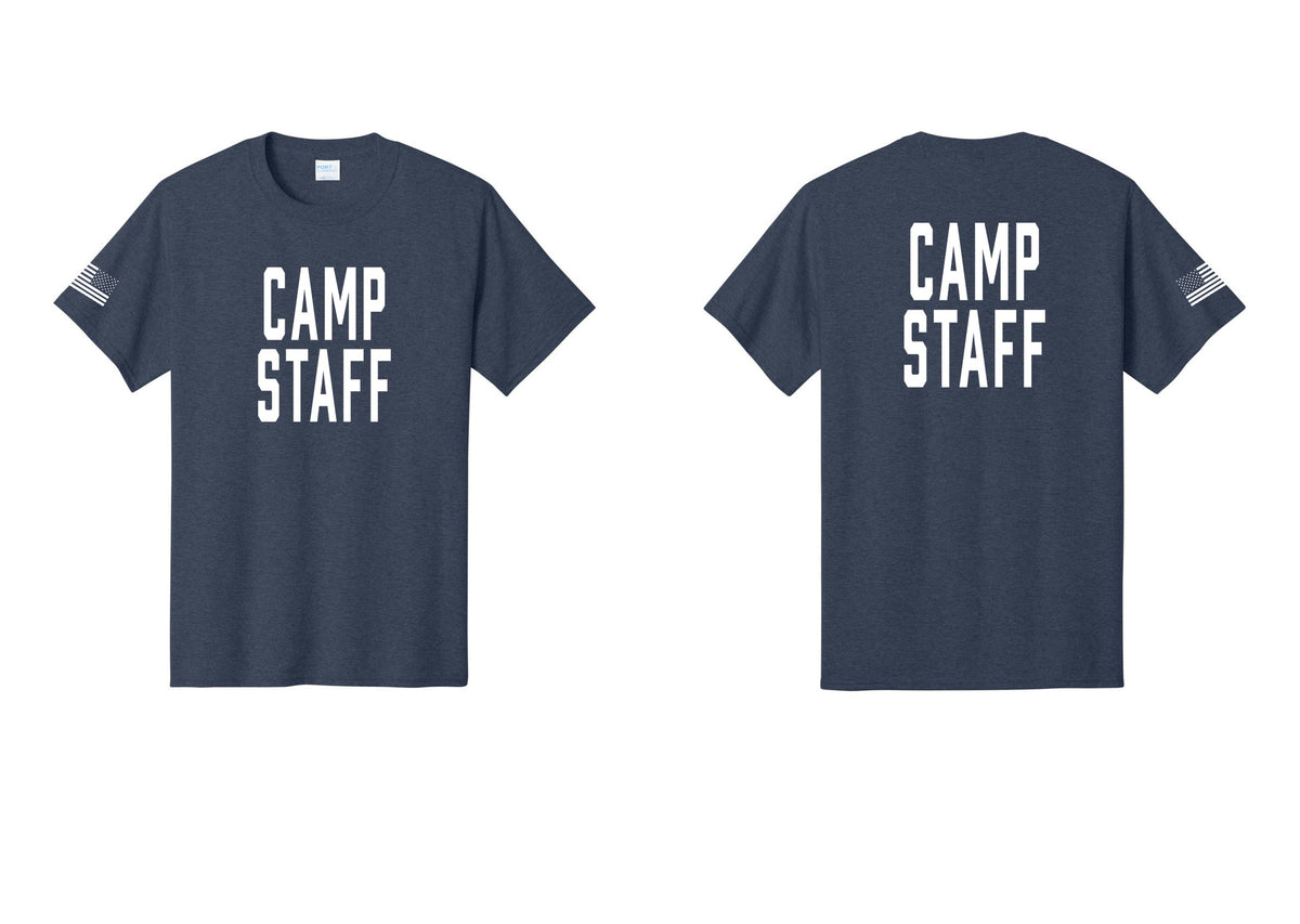 NYC Factory Unisex Camp Staff Classic T-Shirt - Front + Back + US Flag Sleeve - Heather Navy
