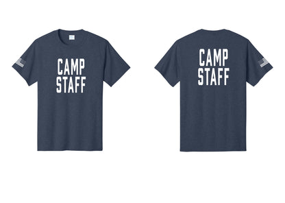 NYC Factory Unisex Camp Staff Classic T-Shirt - Front + Back + US Flag Sleeve - Heather Navy