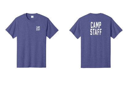 NYC Factory Camp Staff T-Shirt, Condensed Lettering - Chest + Back - Heather Purple