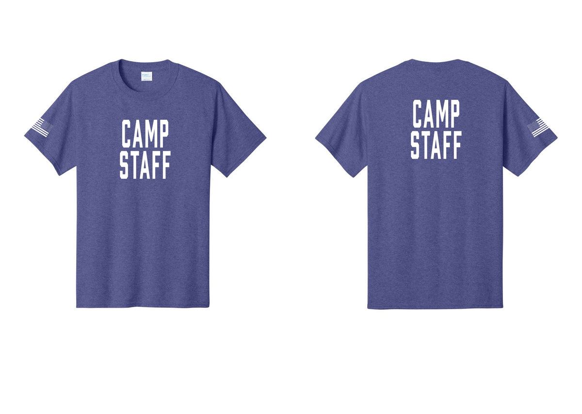 NYC Factory Camp Staff T-Shirt, Condensed Lettering - Front + Back + US Flag Sleeve - Heather Purple