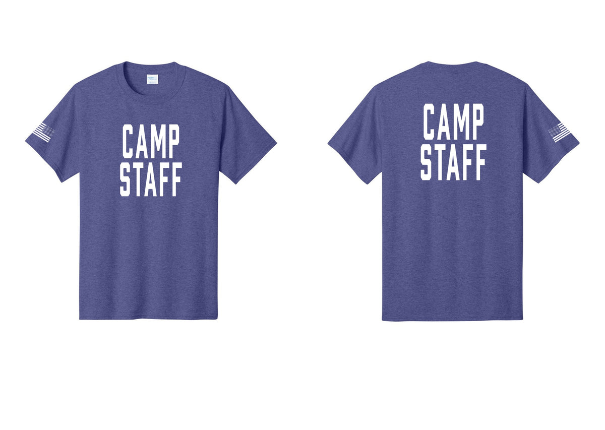 NYC Factory Unisex Camp Staff Classic T-Shirt - Front + Back + US Flag Sleeve - Heather Purple