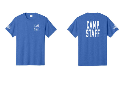 NYC Factory Unisex Camp Staff Classic T-Shirt - Chest + Back + US Flag Sleeve - Heather Royal