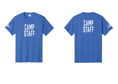 NYC Factory Camp Staff T-Shirt, Condensed Lettering - Front + Back + US Flag Sleeve - Heather Royal
