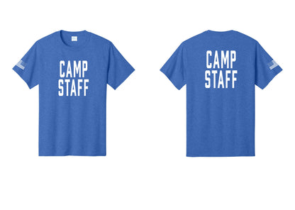 NYC Factory Unisex Camp Staff Classic T-Shirt - Front + Back + US Flag Sleeve - Heather Royal