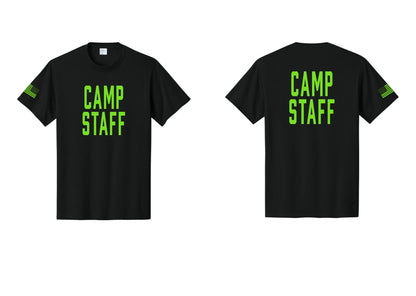 NYC Factory Unisex Camp Staff Classic T-Shirt - Front + Back + US Flag Sleeve - Black / Neon