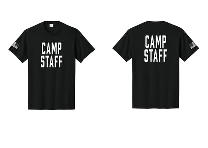 NYC Factory Unisex Camp Staff Classic T-Shirt - Front + Back + US Flag Sleeve - Black