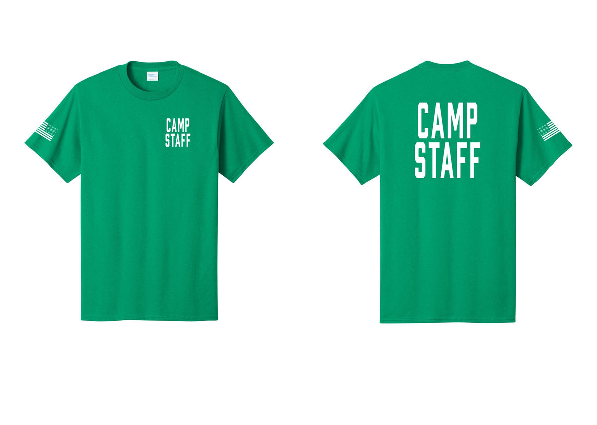 NYC Factory Unisex Camp Staff Classic T-Shirt - Chest + Back + US Flag Sleeve - Kelly
