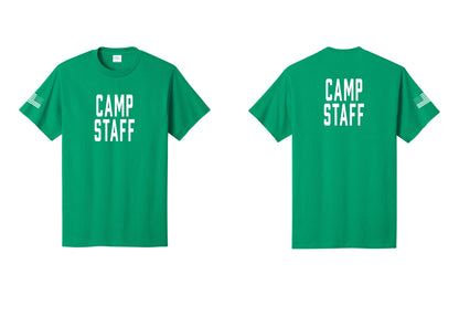 NYC Factory Camp Staff T-Shirt, Condensed Lettering - Front + Back + US Flag Sleeve - Kelly