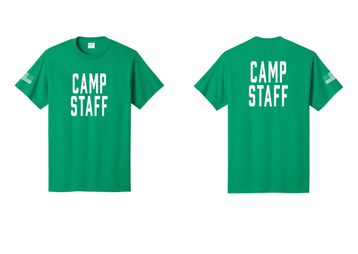 NYC Factory Unisex Camp Staff Classic T-Shirt - Front + Back + US Flag Sleeve - Kelly