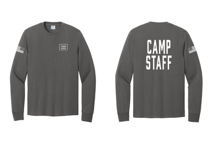 NYC Factory Custom Logo Camp Staff Cotton Long Sleeve T-Shirt (Classic) - Your Logo + Back + US Flag Sleeve - Charcoal